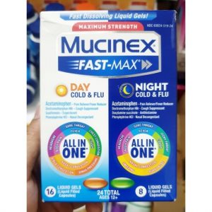 Viên Uống Giảm Ho, Cảm Cúm Mucinex Fast–Max Day & Night All in one hộp 24 viên dạng Gel từ Mỹ date 11/21